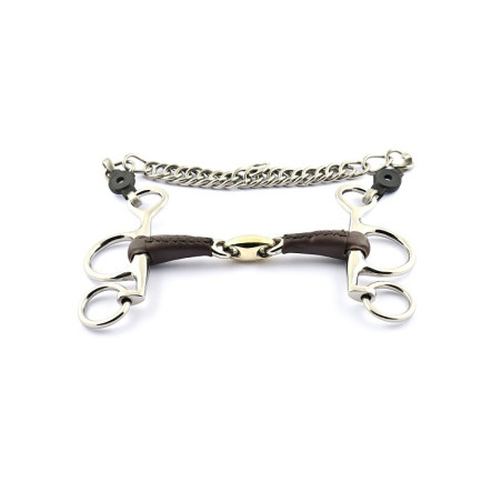 Pelham-Gebiss Jump'In mit kleinen Schenkeln, doppelt gebrochen, mit Leder überzogen