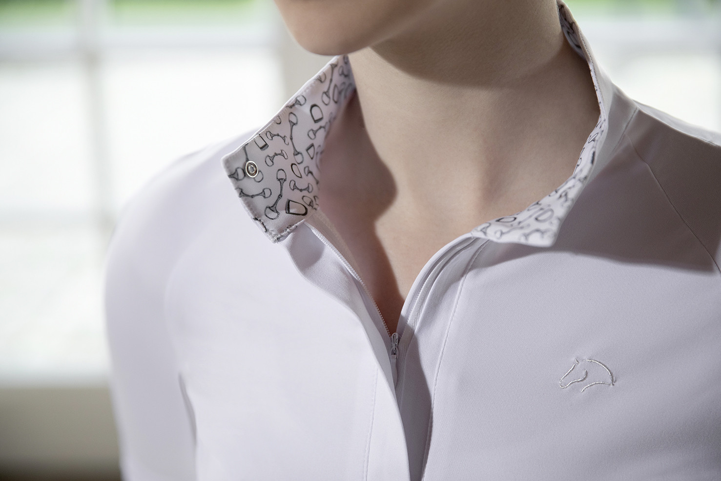 Wettkampf-Poloshirt HKM Hunter langärmlig Weiß / Taupe Weiß