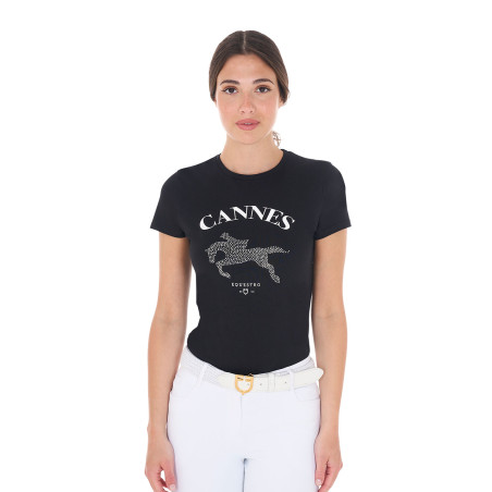 Damen-T-Shirt Equestro Cannes aus Baumwolle mit Strass, kurzärmlig