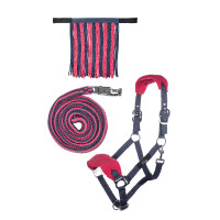 HKM Halfter-Set mit Panikhaken und abnehmbaren Fransen Grau / Dunkelrosa