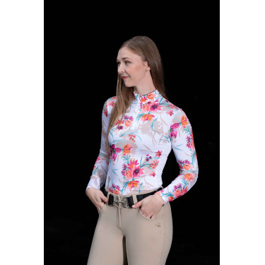 HKM Flower Langarm-Funktionsshirt Weiß / leuchtendes Rosa Motive