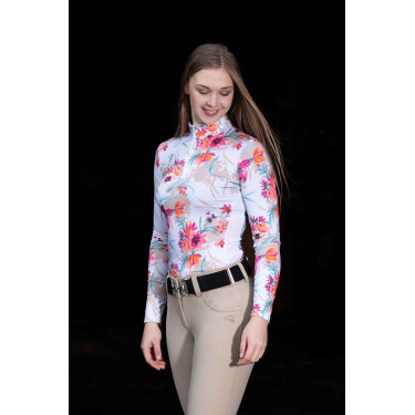 HKM Flower Langarm-Funktionsshirt Weiß / leuchtendes Rosa Motive