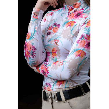 HKM Flower Langarm-Funktionsshirt Weiß / leuchtendes Rosa Motive