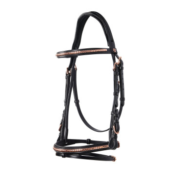 Englisches Lederzaumzeug mit Clincher in Roségold ohne Zügel Equestro Englisches Lederzaumzeug mit Clincher in Roségold ohne Zügel Equestro