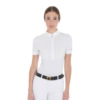 Tailliertes Poloshirt aus plissierter Baumwolle mit kurzen Ärmeln für Damen Equestro Weiß Weiß