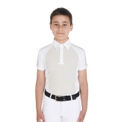 Wettkampf-Poloshirt Jungen tailliert kurzarm 4 Knöpfe Equestro Greige Beige