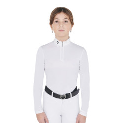 Wettkampf-Poloshirt Mädchen tailliert langarm mit Reißverschluss Anahid Equestro UV-Schutz Weiß Weiß
