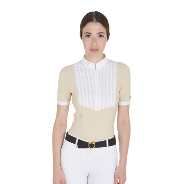 Tailliertes Poloshirt aus plissierter Baumwolle mit kurzen Ärmeln für Damen Equestro Tailliertes Poloshirt aus plissierter Baumwolle mit kurzen Ärmeln für Damen Equestro