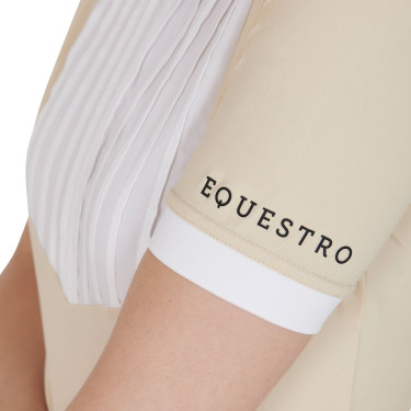 Tailliertes Poloshirt aus plissierter Baumwolle mit kurzen Ärmeln für Damen Equestro Tailliertes Poloshirt aus plissierter Baumwolle mit kurzen Ärmeln für Damen Equestro