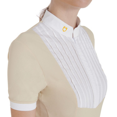 Tailliertes Poloshirt aus plissierter Baumwolle mit kurzen Ärmeln für Damen Equestro Tailliertes Poloshirt aus plissierter Baumwolle mit kurzen Ärmeln für Damen Equestro