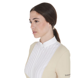 Polo ajusté en coton plissé manches courtes femme Equestro Beige