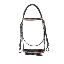 Englisches Lederzaumzeug mit Clincher in Roségold ohne Zügel Equestro Englisches Lederzaumzeug mit Clincher in Roségold ohne Zügel Equestro