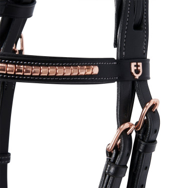 Englisches Lederzaumzeug mit Clincher in Roségold ohne Zügel Equestro Englisches Lederzaumzeug mit Clincher in Roségold ohne Zügel Equestro