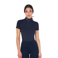 Eng anliegende Damen-Baselayer mit kurzen Ärmeln aus technischem Gewebe Equestro Marine Blazer / Weiß Marineblau