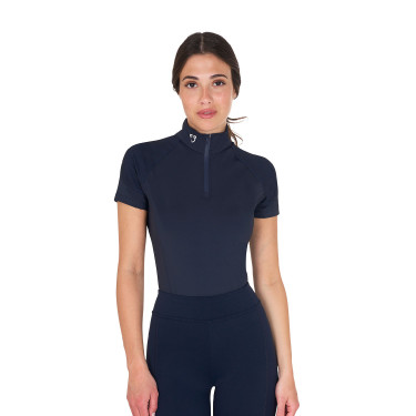Eng anliegende Damen-Baselayer mit kurzen Ärmeln aus technischem Gewebe Equestro Marine Blazer / Weiß Marineblau