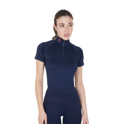 Eng anliegende Damen-Baselayer mit kurzen Ärmeln aus technischem Gewebe Equestro Marine / Rot Blau Eng anliegende Damen-Baselayer mit kurzen Ärmeln aus technischem Gewebe Equestro Marine / Rot Blau