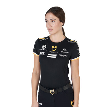 Trainings-T-Shirt GP Damen aus technischem Gewebe mit Multi-Logo Equestro Schwarz