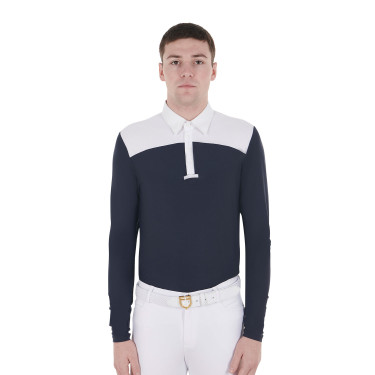 Wettkampf-Poloshirt Herren Langarm mit Knöpfen Equestro Weiß / marineblauer Blazer