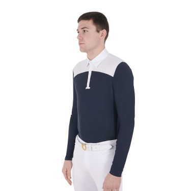 Wettkampf-Poloshirt Herren Langarm mit Knöpfen Equestro Weiß / marineblauer Blazer