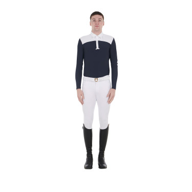 Wettkampf-Poloshirt Herren Langarm mit Knöpfen Equestro Weiß / marineblauer Blazer