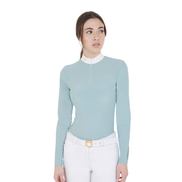 Wettkampf-Poloshirt Damen Langarm aus technischem Gewebe und Mesh Equestro Grauer Nebel Blau