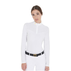 Wettkampf-Poloshirt Damen Langarm aus technischem Gewebe und Mesh Equestro Weiß Wei&amp;amp;amp;amp;amp;amp;szlig;