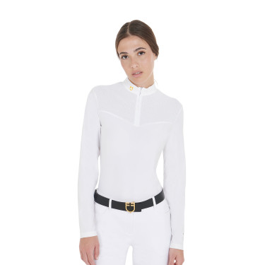 Wettkampf-Poloshirt Damen Langarm aus technischem Gewebe und Mesh Equestro Weiß Weiß Wettkampf-Poloshirt Damen Langarm aus technischem Gewebe und Mesh Equestro Weiß Weiß