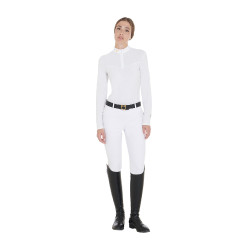 Wettkampf-Poloshirt Damen Langarm aus technischem Gewebe und Mesh Equestro Weiß Wei&amp;amp;amp;amp;amp;amp;szlig;