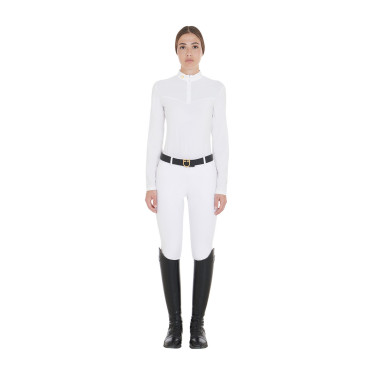 Wettkampf-Poloshirt Damen Langarm aus technischem Gewebe und Mesh Equestro Weiß Weiß Wettkampf-Poloshirt Damen Langarm aus technischem Gewebe und Mesh Equestro Weiß Weiß