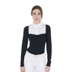 Wettkampf-Poloshirt Damen Langarm mit Strass Equestro Schwarz