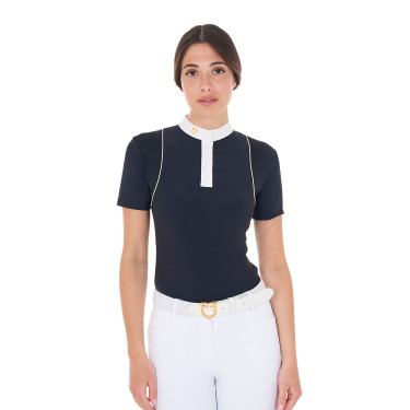 Turnierpolo Damen Kurzarm mit Knöpfen Equestro Marineblazer / Antikweiß Marineblau