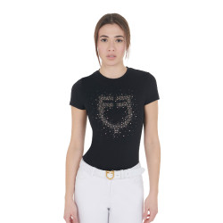 Damen-T-Shirt Slim Fit rosa mit Strass Equestro Schwarz