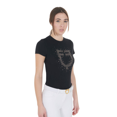 Damen-T-Shirt Slim Fit rosa mit Strass Equestro Schwarz
