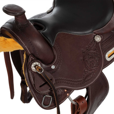 Westernsattel mit Beschlägen aus Edelstahl, genarbtem Leder und floraler Prägung 2815 Denver Westernsattel mit Beschlägen aus Edelstahl, genarbtem Leder und floraler Prägung 2815 Denver