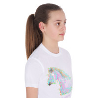 Mädchen-T-Shirt mit Pferdedruck in Interferenz Equestro Weiß Weiß Mädchen-T-Shirt mit Pferdedruck in Interferenz Equestro Weiß Weiß