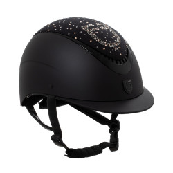 Mattschwarzer Helm mit schmalem Visier und Strass-Logo, zugelassen nach EN 1384-2023 Equestro