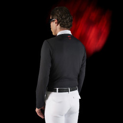 Wettkampf-Poloshirt Herren Equestro Ridertechnology mit langen Ärmeln und Knöpfen Schwarz