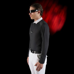 Wettkampf-Poloshirt Herren Equestro Ridertechnology mit langen Ärmeln und Knöpfen Schwarz