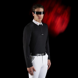 Wettkampf-Poloshirt Herren Equestro Ridertechnology mit langen Ärmeln und Knöpfen Schwarz