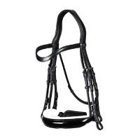 Dy'on Trense Kollektion Dressur Flachleder Reithalfter Breit Lack Weißes Futter Schwarz