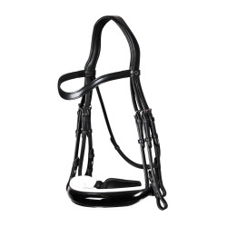 Dy'on Trense Kollektion Dressur Flachleder Reithalfter Breit Lack Weißes Futter Schwarz