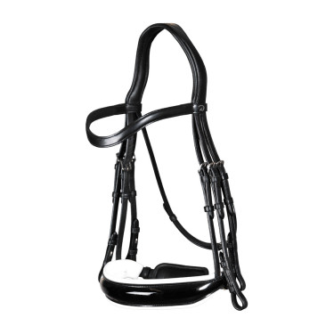 Dy'on Trense Kollektion Dressur Flachleder Reithalfter Breit Lack Weißes Futter Schwarz