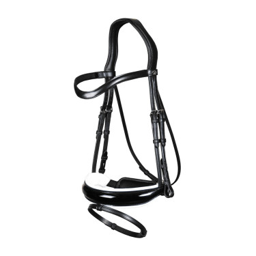 Bridon Dy'on collection dressage cuir plat Muserolle Combinée Large Vernie Doublure Blanche
