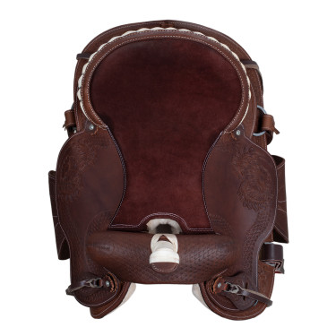 Western-Sattel Lakota mit runder gravierter Schürze und Silberfaden Braun