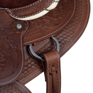 Western-Sattel Lakota mit runder gravierter Schürze und Silberfaden Braun