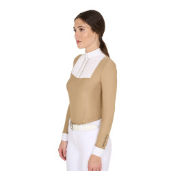Wettkampf-Poloshirt Damen Langarm mit Falten aus Baumwolle Equestro Weihrauch Beige