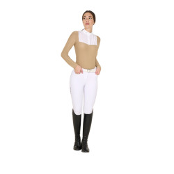 Wettkampf-Poloshirt Damen Langarm mit Strass Equestro Beige
