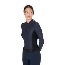 Damen-Trainings-Tech-Poloshirt Langarm Equestro Marineblazer Marineblau