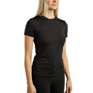 Kurzarm-T-Shirt aus Strick Montar MoStella mit gelasertem Logo für Damen Schwarz Kurzarm-T-Shirt aus Strick Montar MoStella mit gelasertem Logo für Damen Schwarz