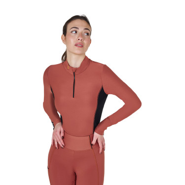 Damen-Trainings-Tech-Poloshirt Langarm Equestro Mammutbaum Braun